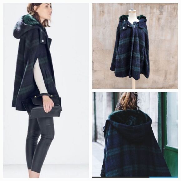 RARE bloggers favorite plaid cape with a faux fur lined hood - Picture 1 of 15